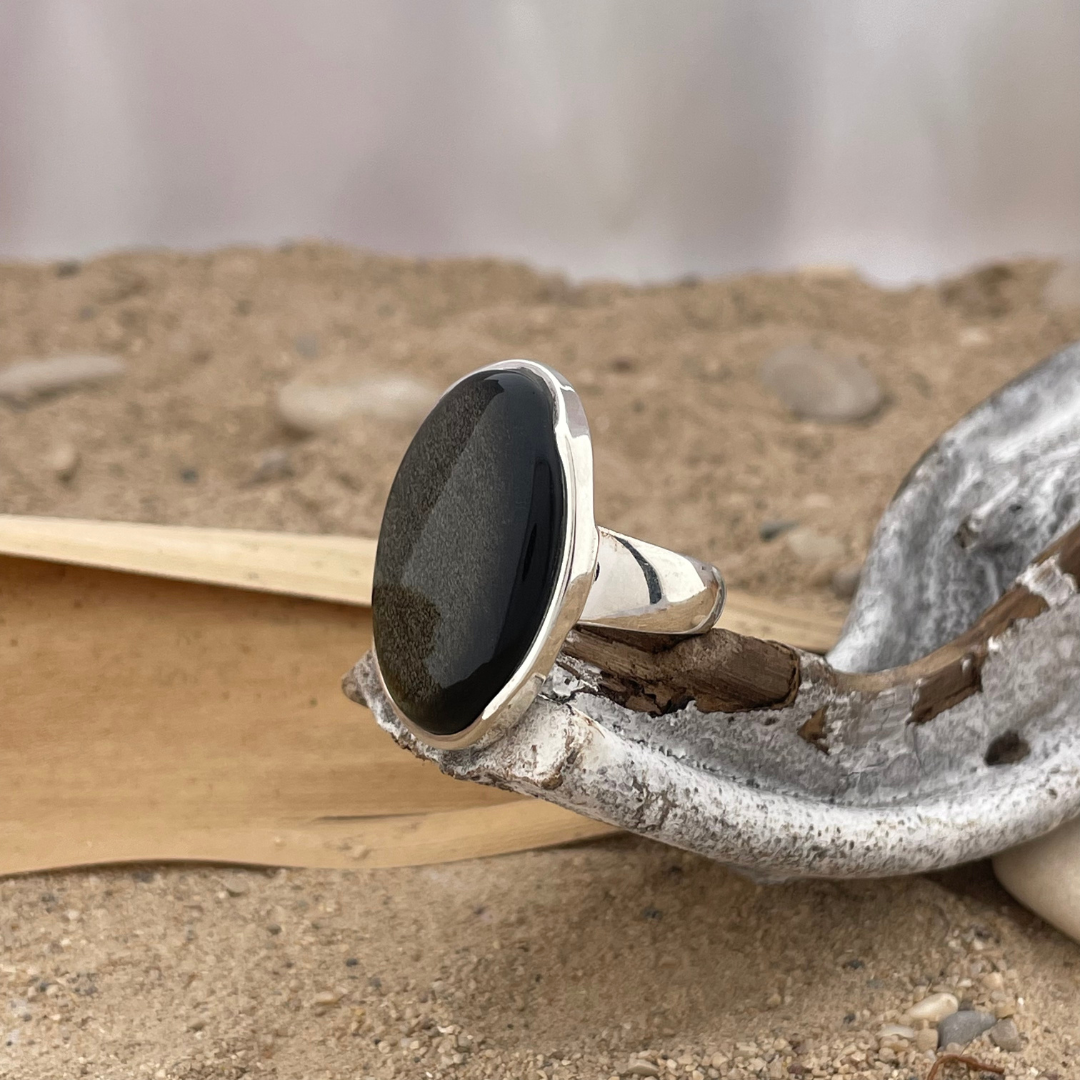 Bague obsidienne or argent taille 61