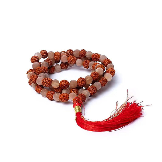 Mala Peach Moonstone Rudraksha