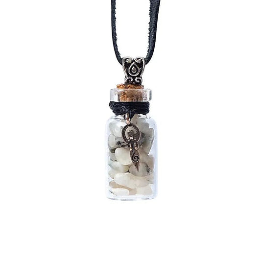 Gift bottle on cord Rainbow Moonstone and Goddess symbol