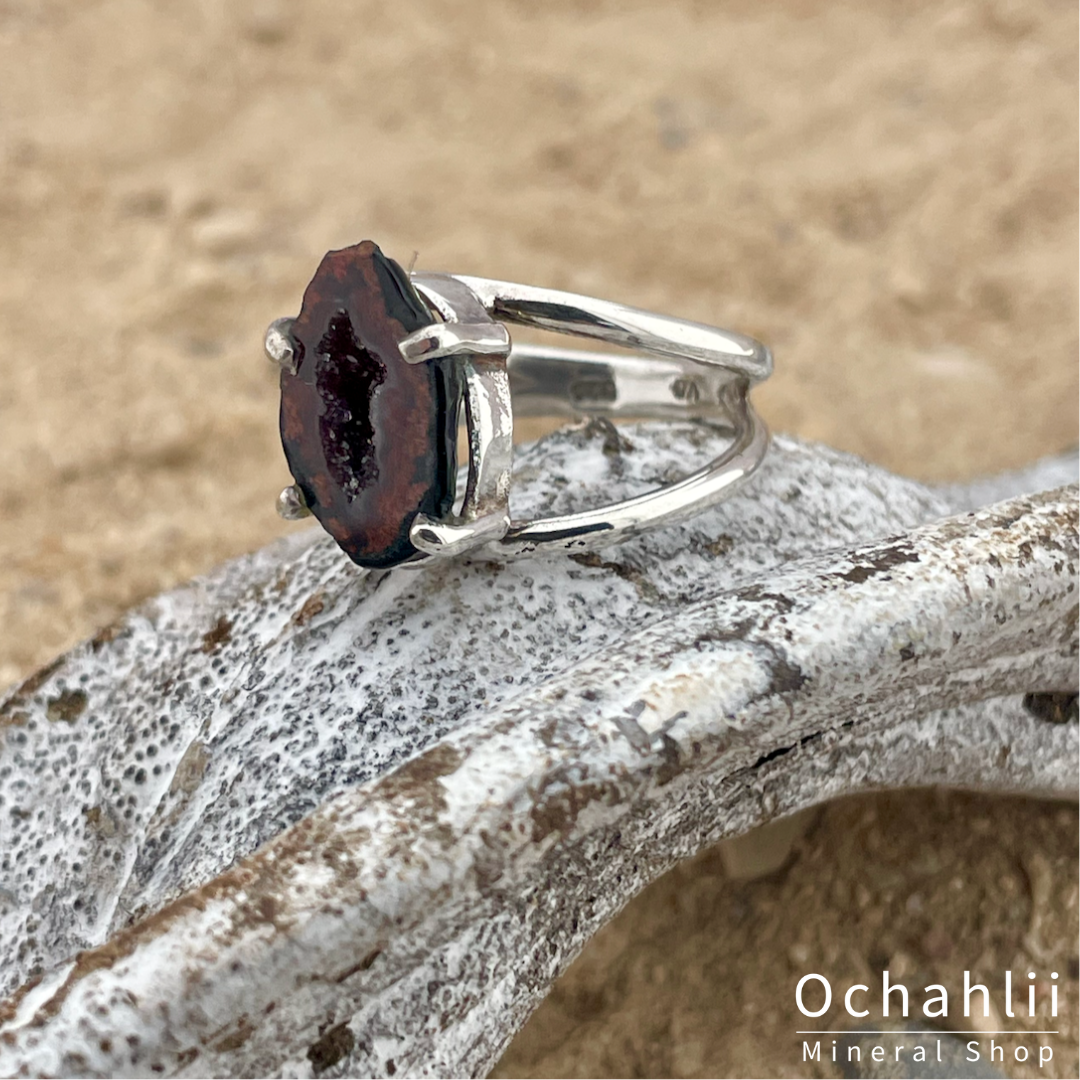 Anillo de plata geoda de ágata tamaño 58