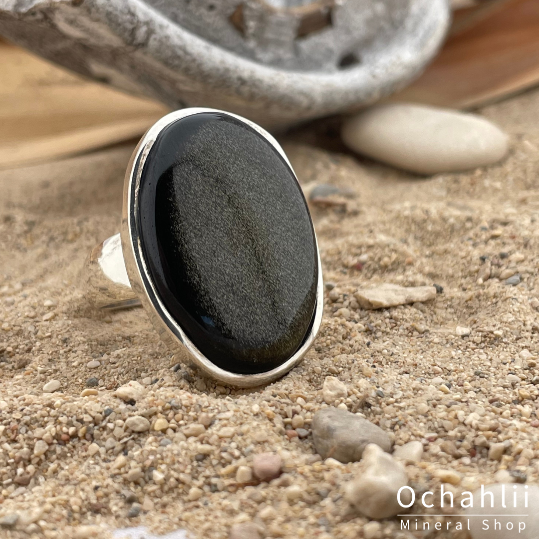 Bague obsidienne or argent taille 61