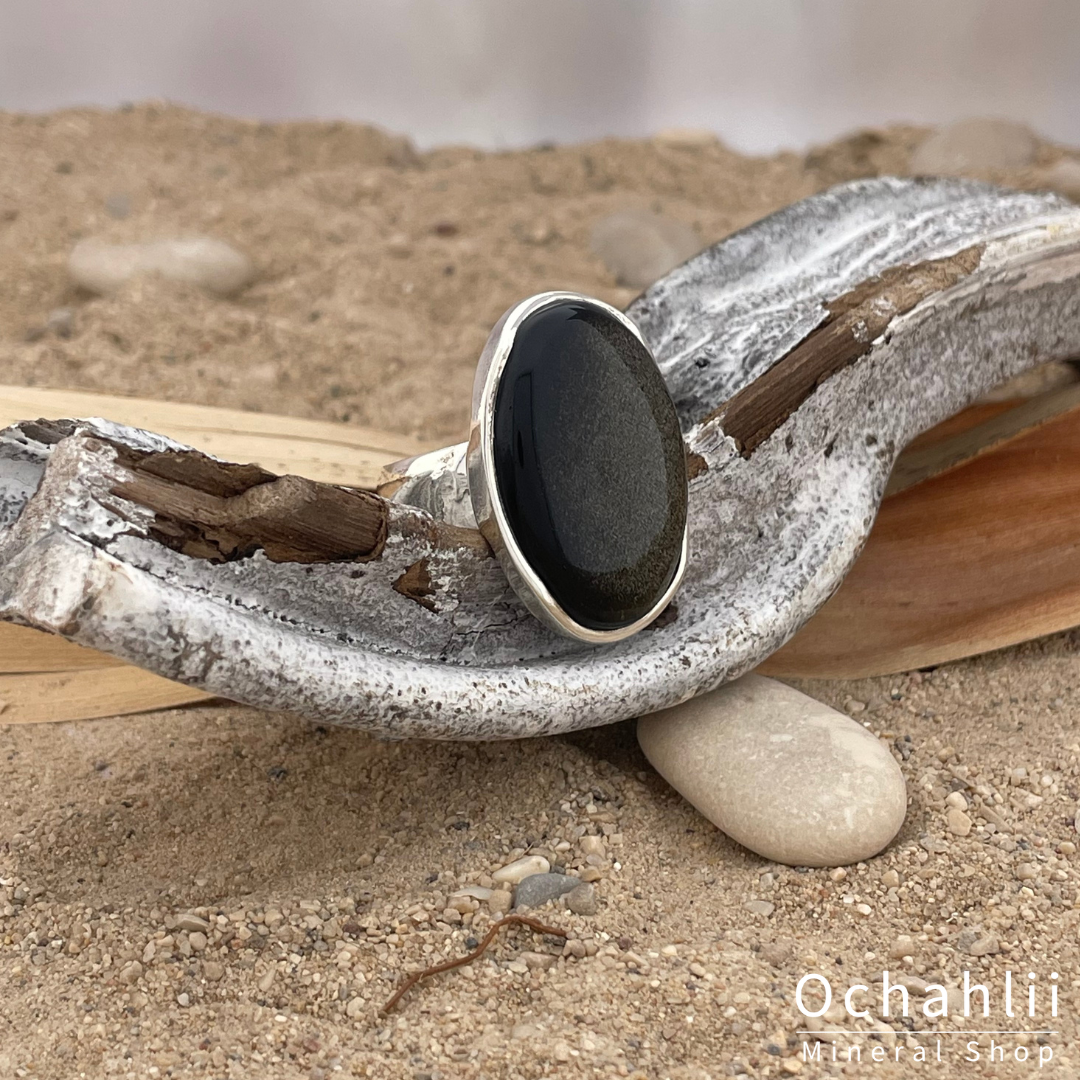 Bague obsidienne or argent taille 61