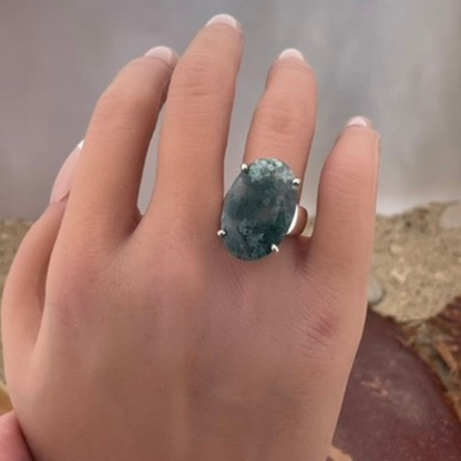 Moss agate silver ring size 55
