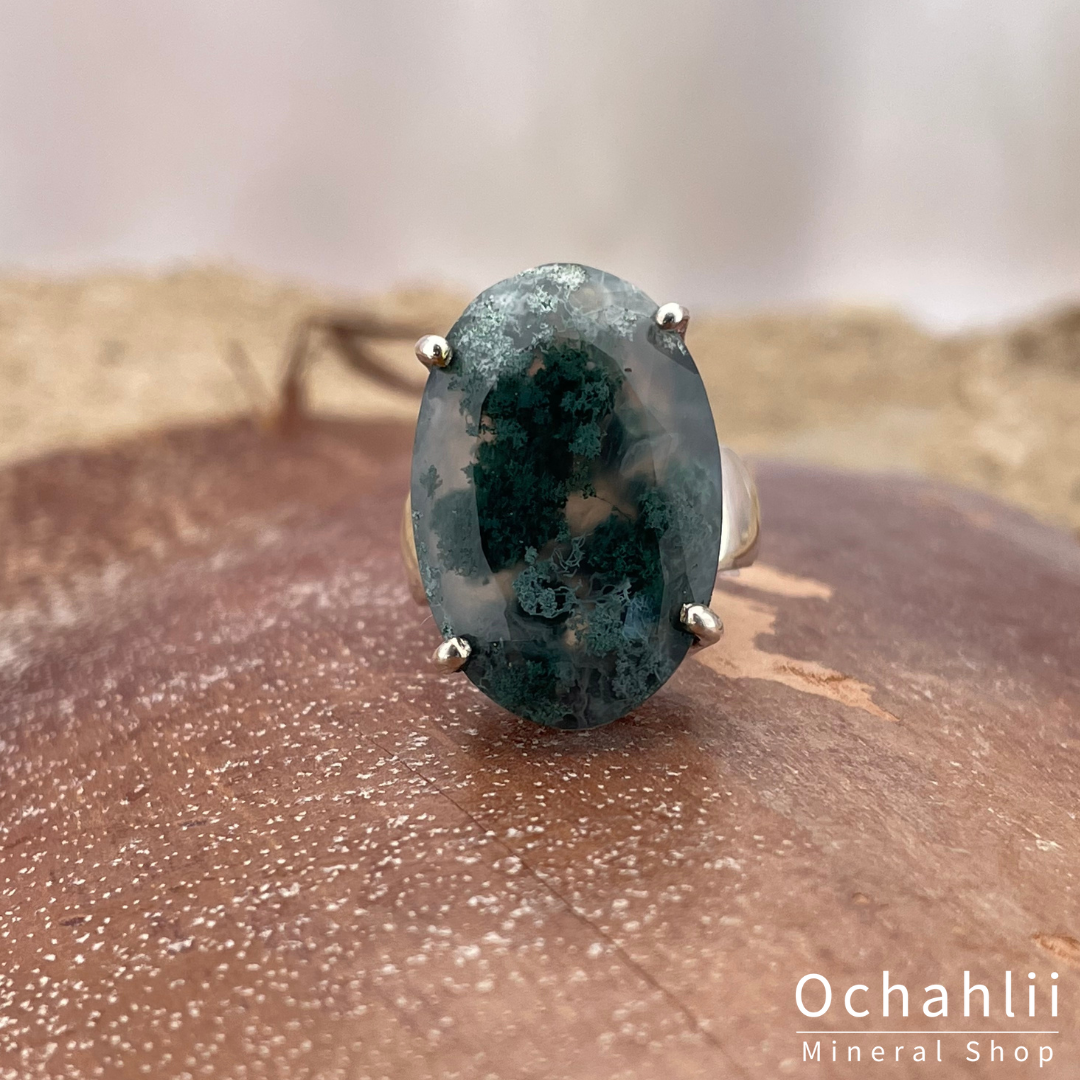Moss agate silver ring size 55