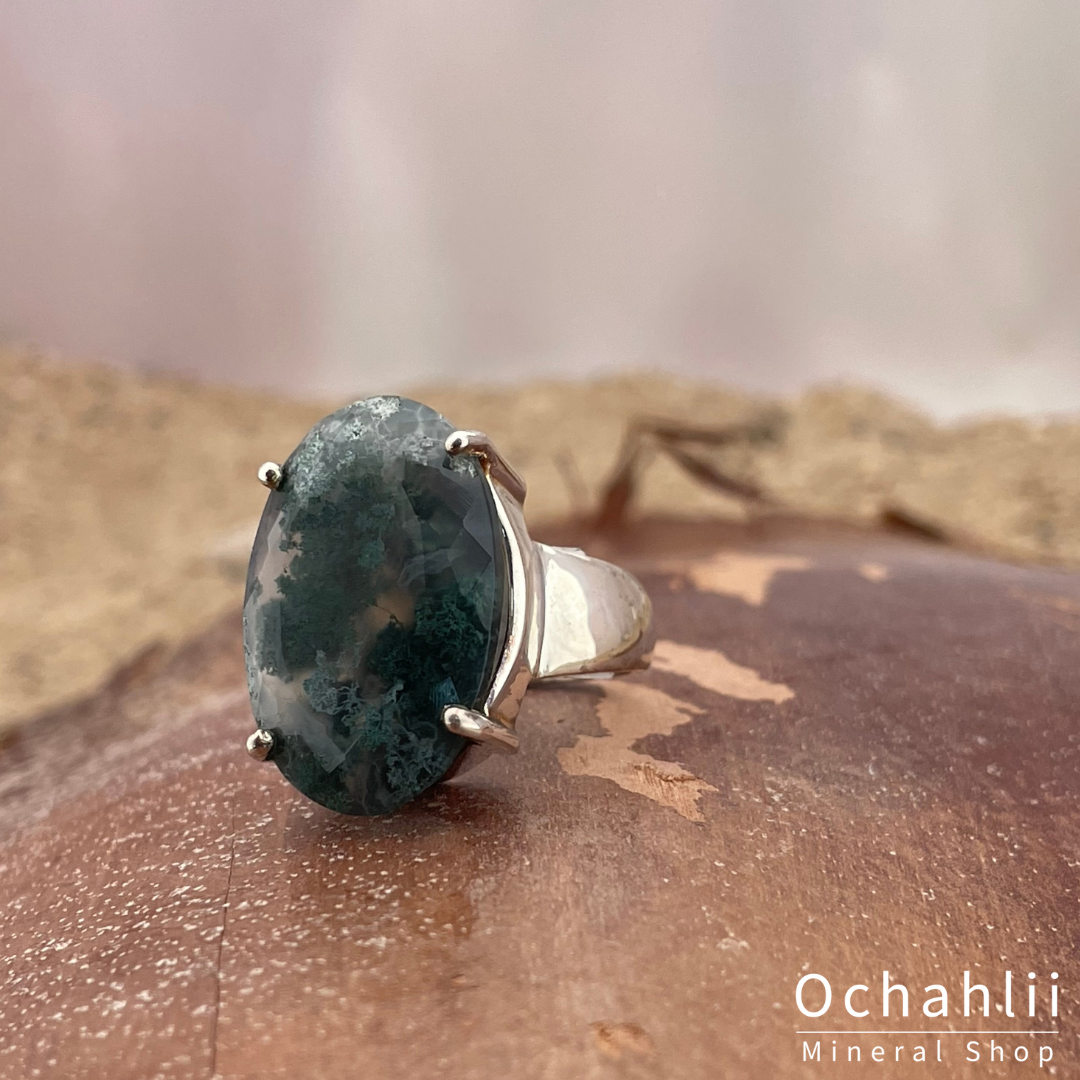Moss agate silver ring size 55