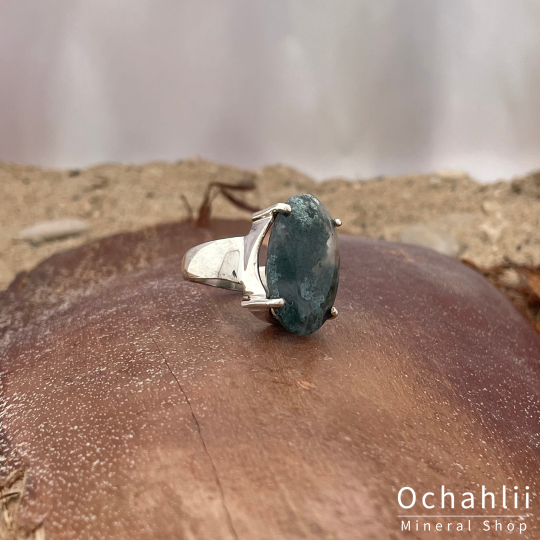 Moss agate silver ring size 55