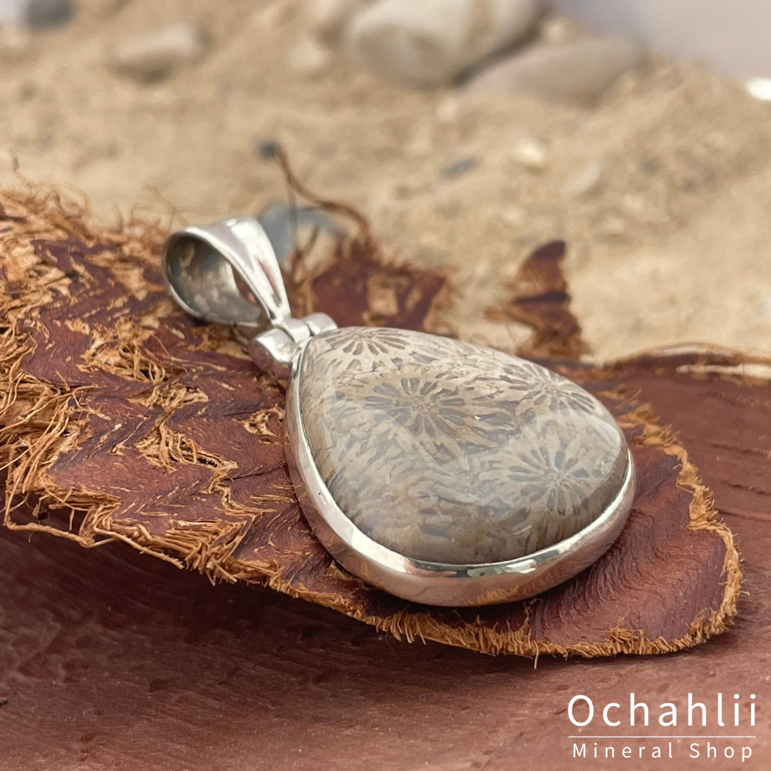 Pendentif en argent et bois pétrifié