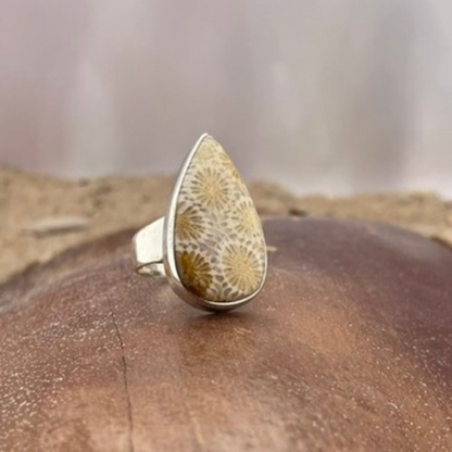 Petrified Coral silver ring size 53 