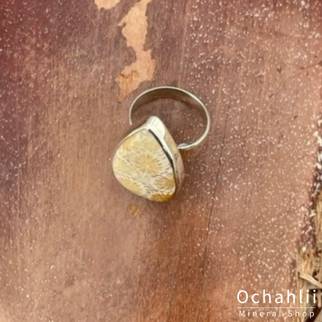 Petrified Coral silver ring size 53 